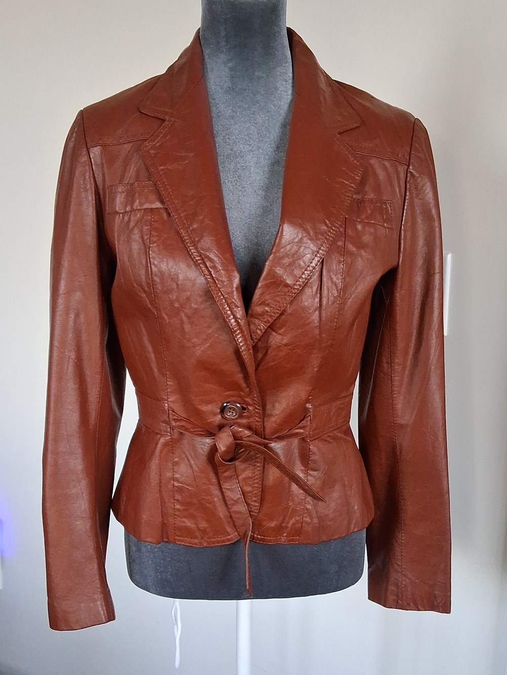 Women’s Brown Leather Tie-Waist Blazer Jacket